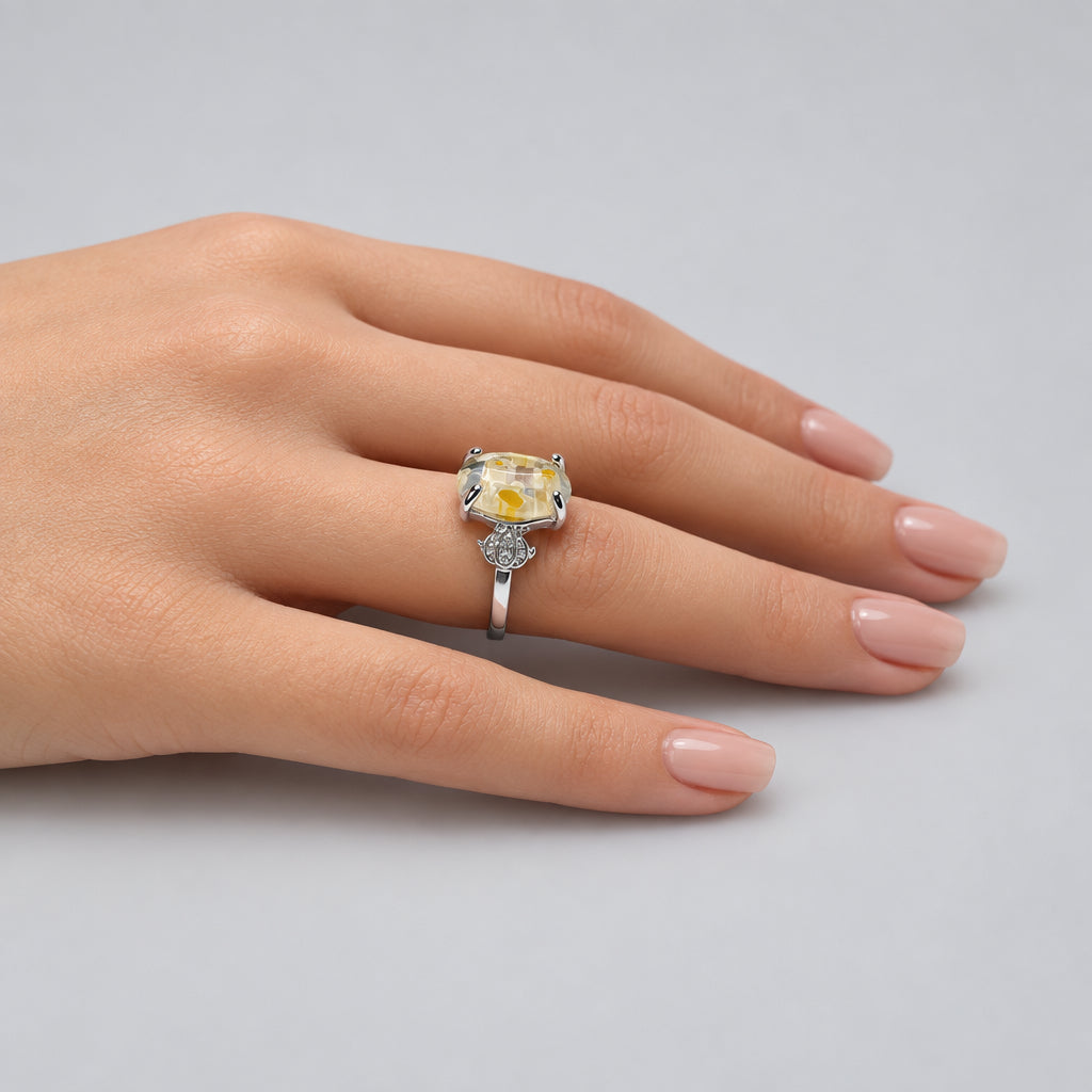 Rings - Sterling Silver - Mosaic - Yellow - Floral Pattern - encased in clear glass - Size 6.5