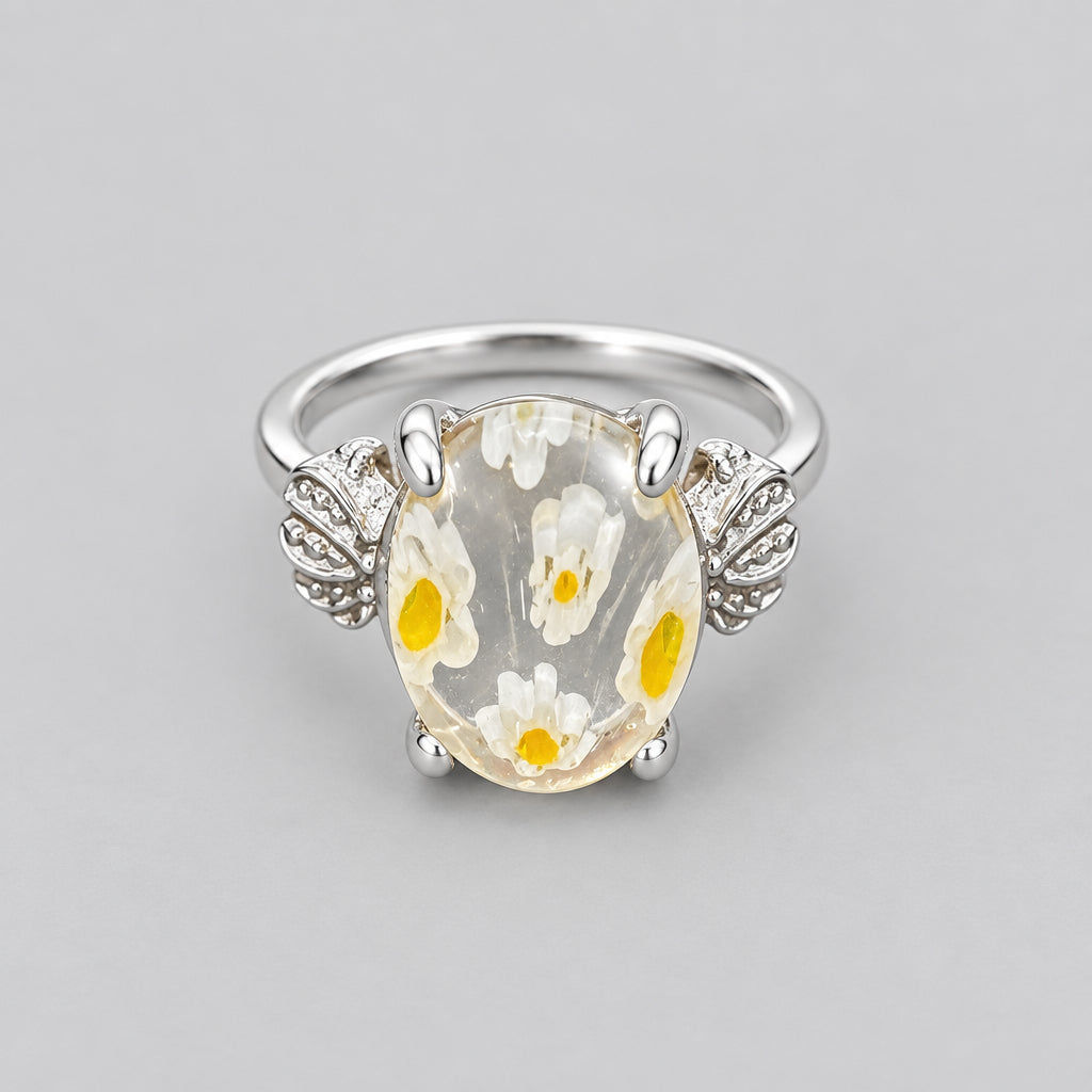 Rings - Sterling Silver - Mosaic - Yellow - Floral Pattern - encased in clear glass - Size 6.5