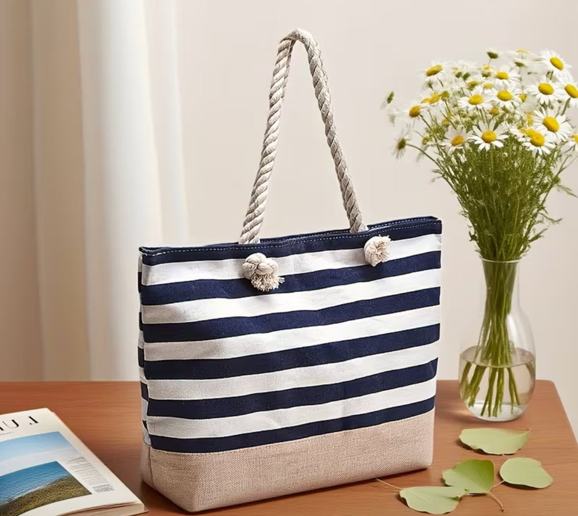 Large Striped Shoulder Bag - Rose Red and White - Tote Bag
