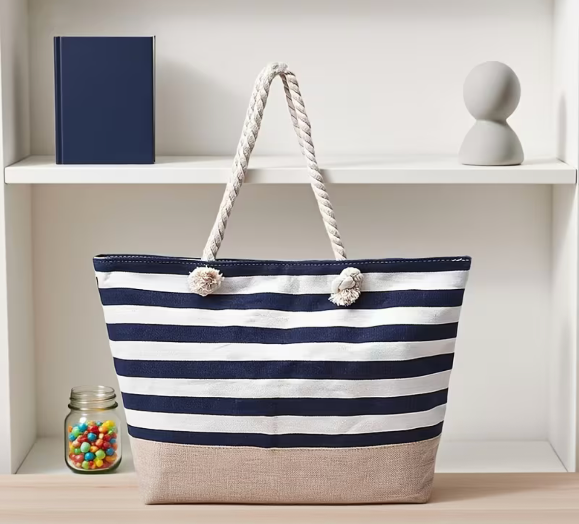Large Striped Shoulder Bag - Rose Red and White - Tote Bag
