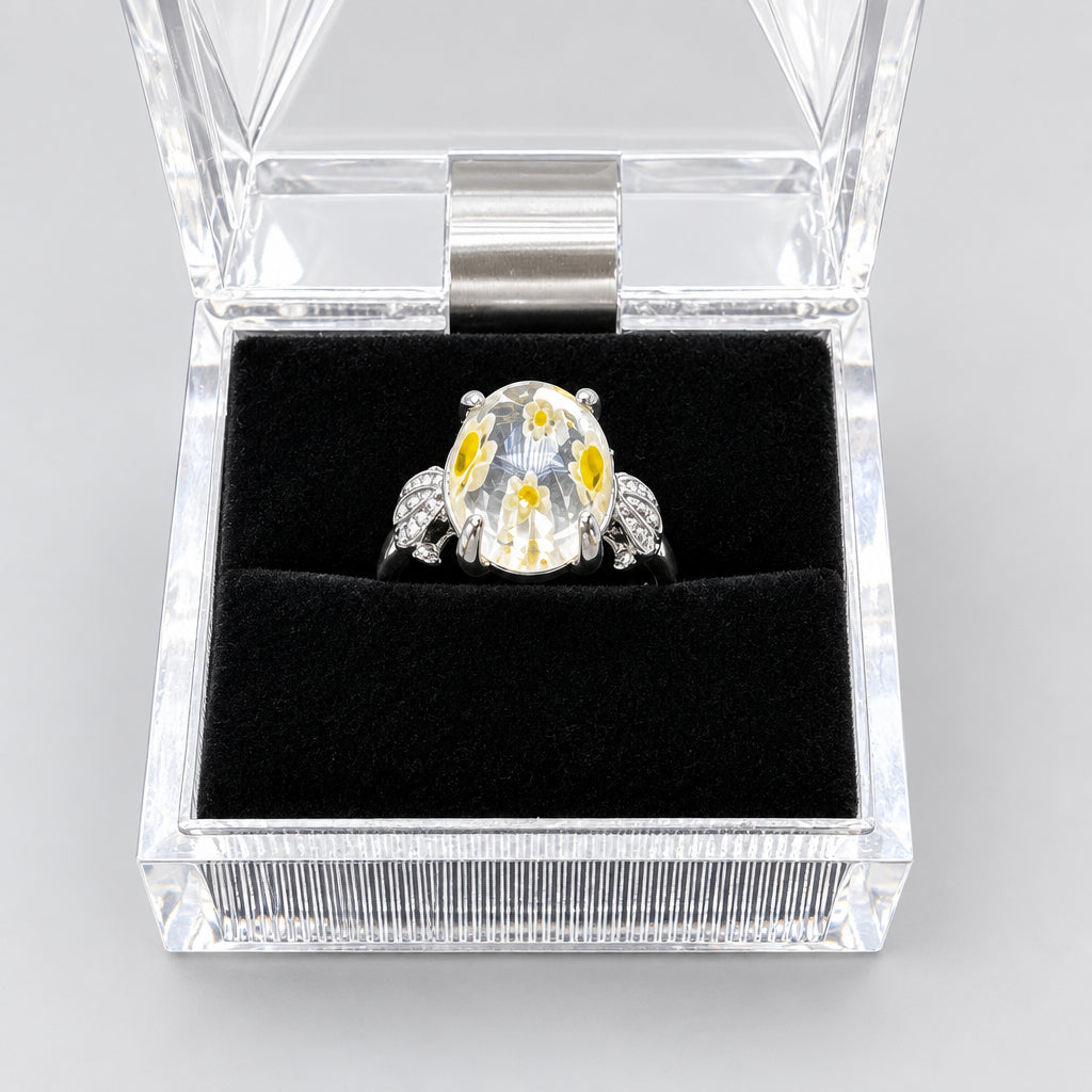 Rings - Sterling Silver - Mosaic - Yellow - Floral Pattern - encased in clear glass - Size 6.5