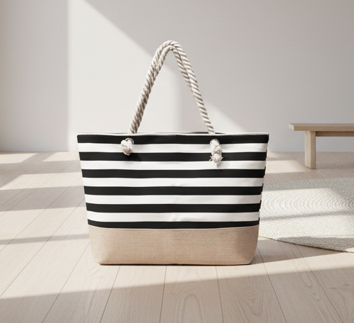 Large Striped Shoulder Bag - Rose Red and White - Tote Bag