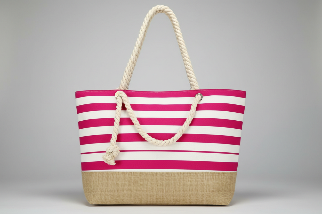 Large Striped Shoulder Bag - Rose Red and White - Tote Bag