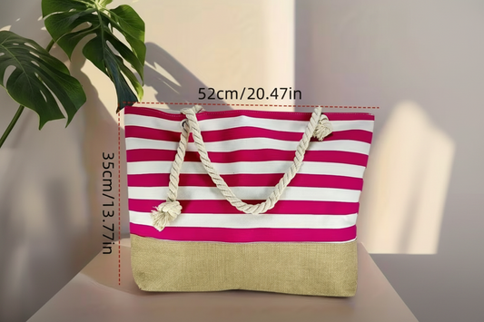 Large Striped Shoulder Bag - Rose Red and White - Tote Bag