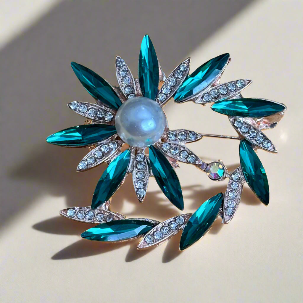 Brooch - Flower Made up of Rhinestones and Emerald Gems