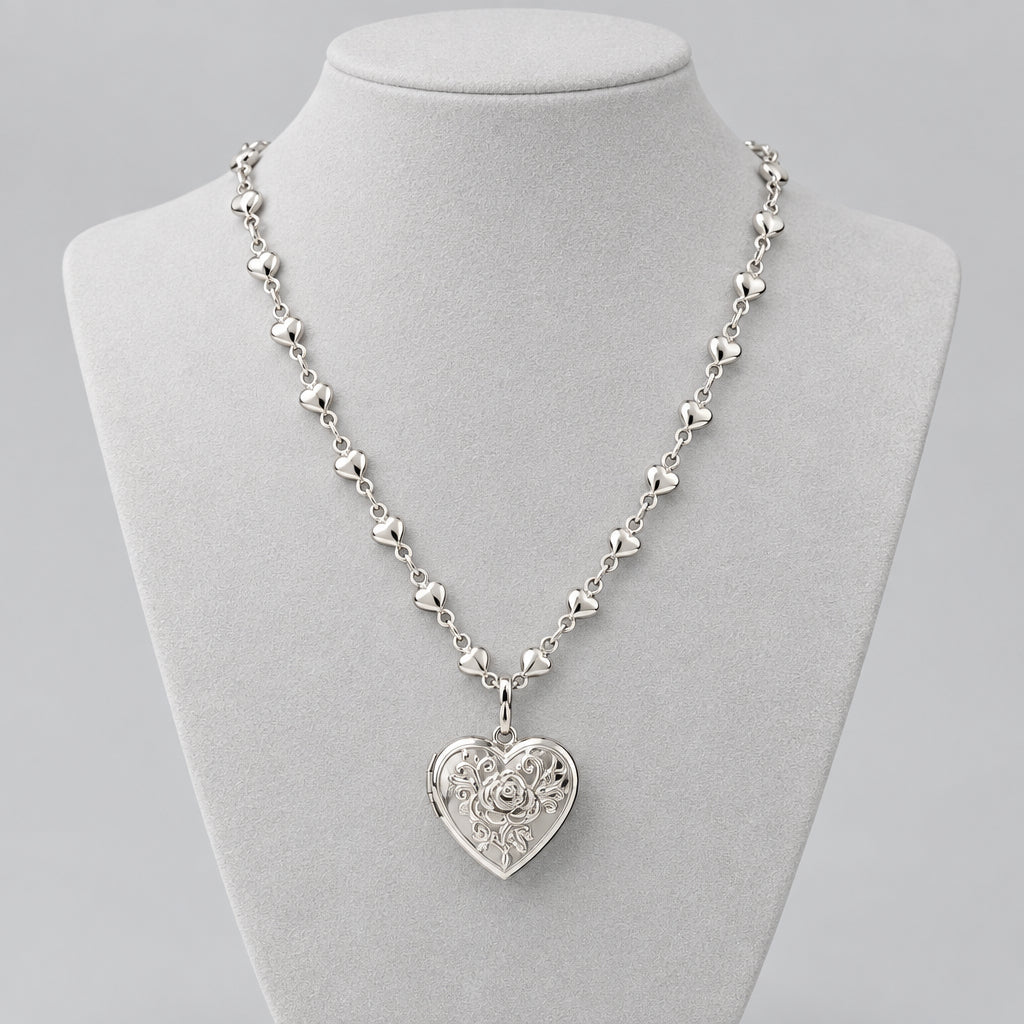 Necklace - Vintage-Inspired - Silvertone - Rose Heart - Locket - with Heart Chain
