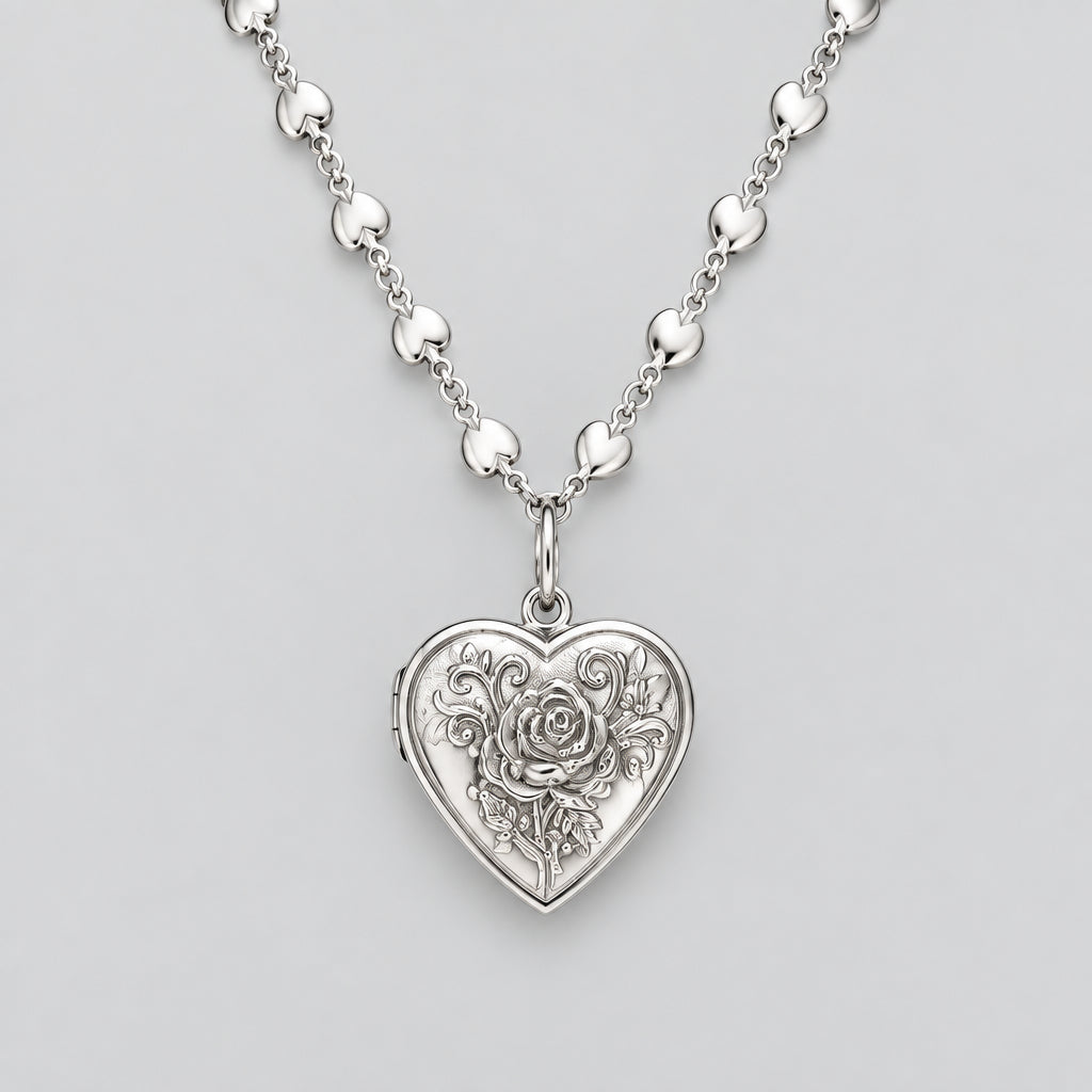 Necklace - Vintage-Inspired - Silvertone - Rose Heart - Locket - with Heart Chain
