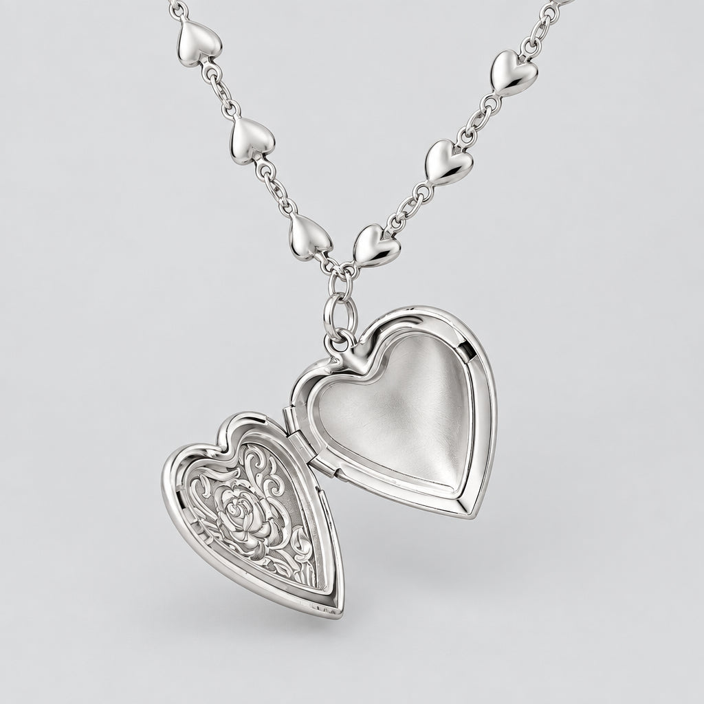 Necklace - Vintage-Inspired - Silvertone - Rose Heart - Locket - with Heart Chain