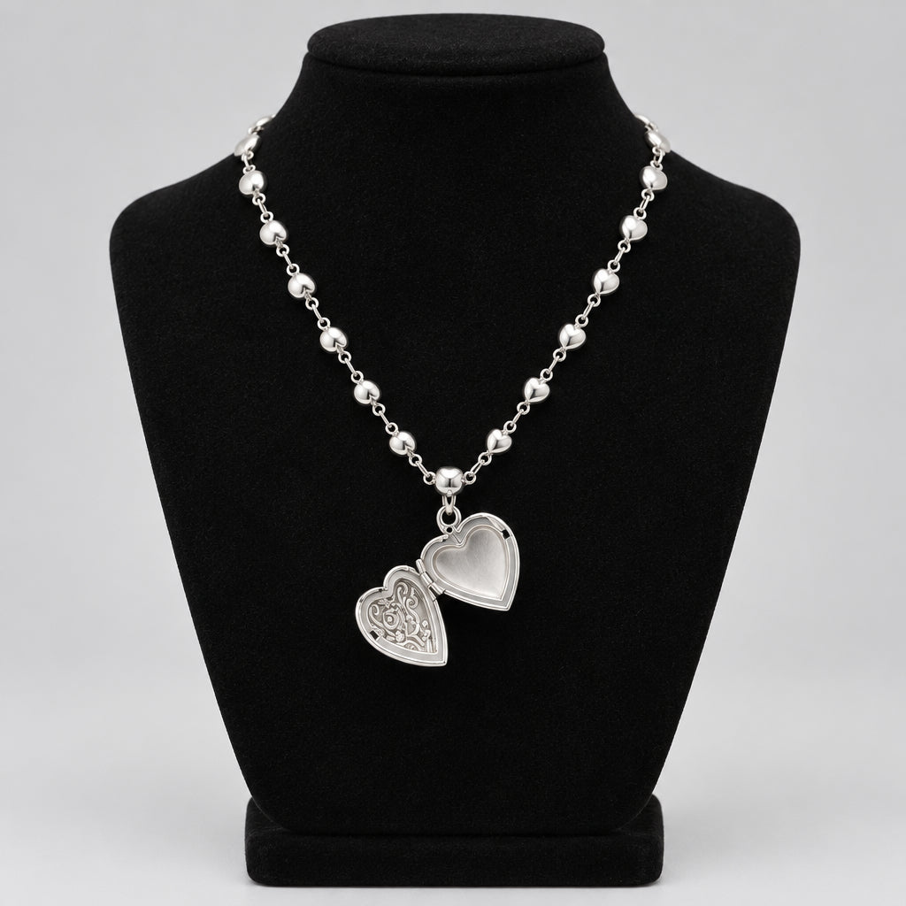 Necklace - Vintage-Inspired - Silvertone - Rose Heart - Locket - with Heart Chain