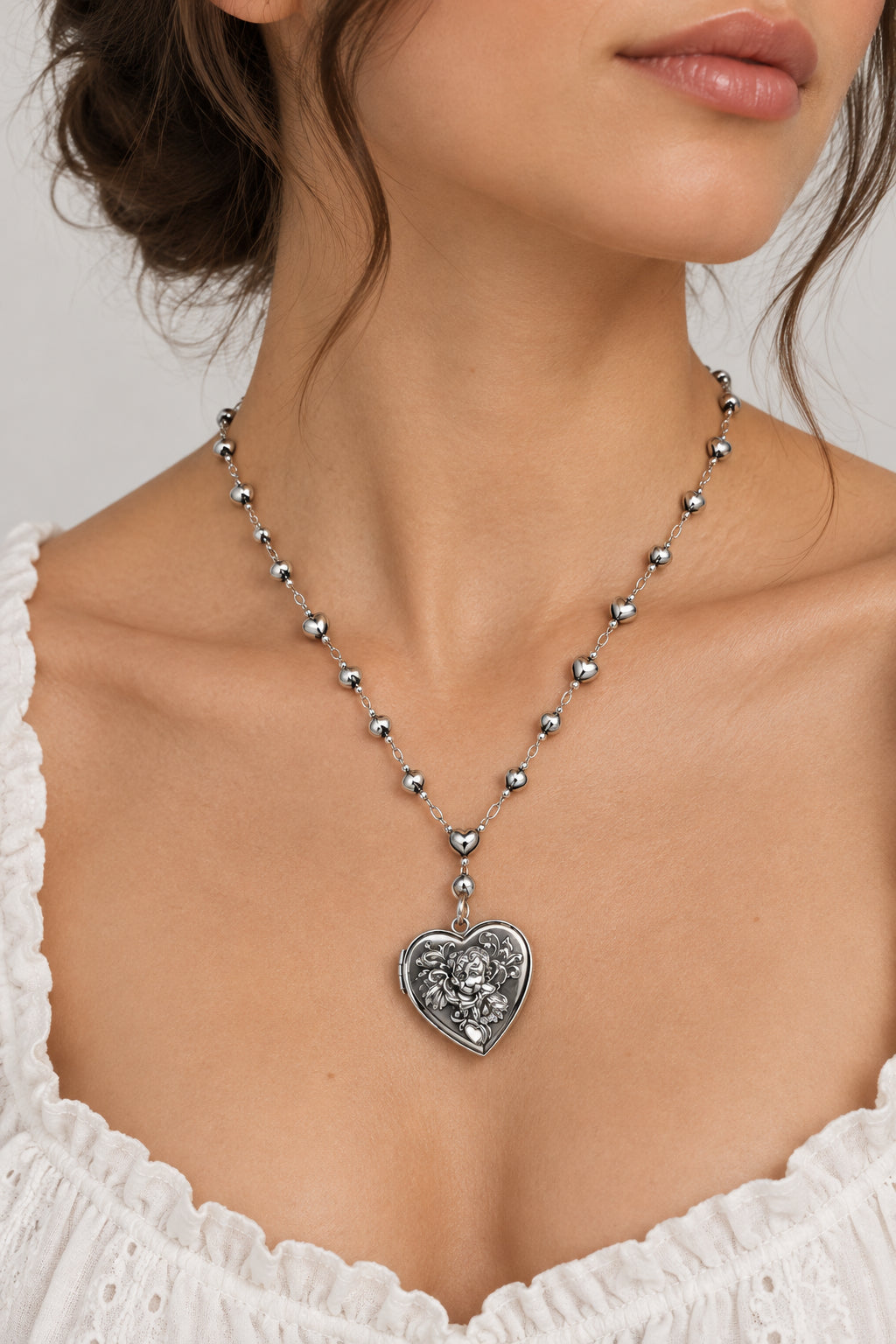 Necklace - Vintage-Inspired - Silvertone - Rose Heart - Locket - with Heart Chain