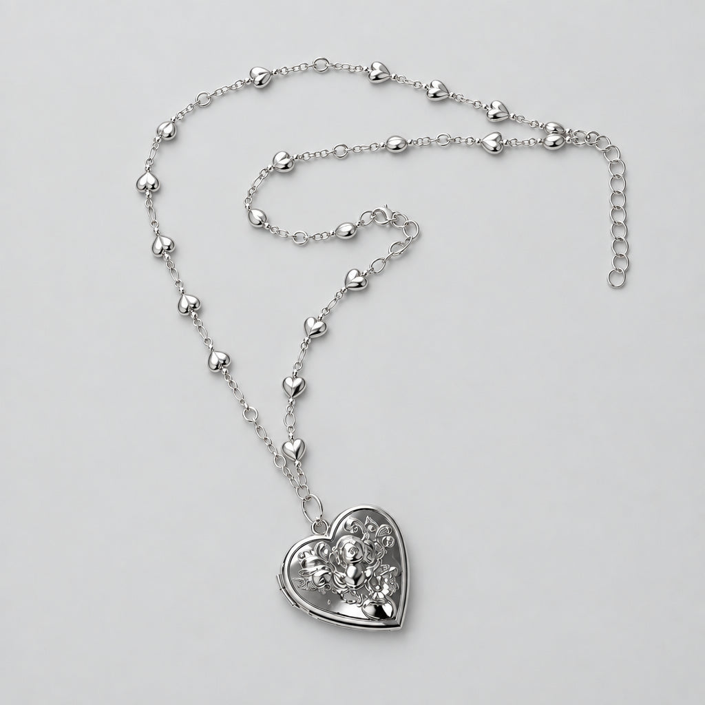 Necklace - Vintage-Inspired - Silvertone - Rose Heart - Locket - with Heart Chain