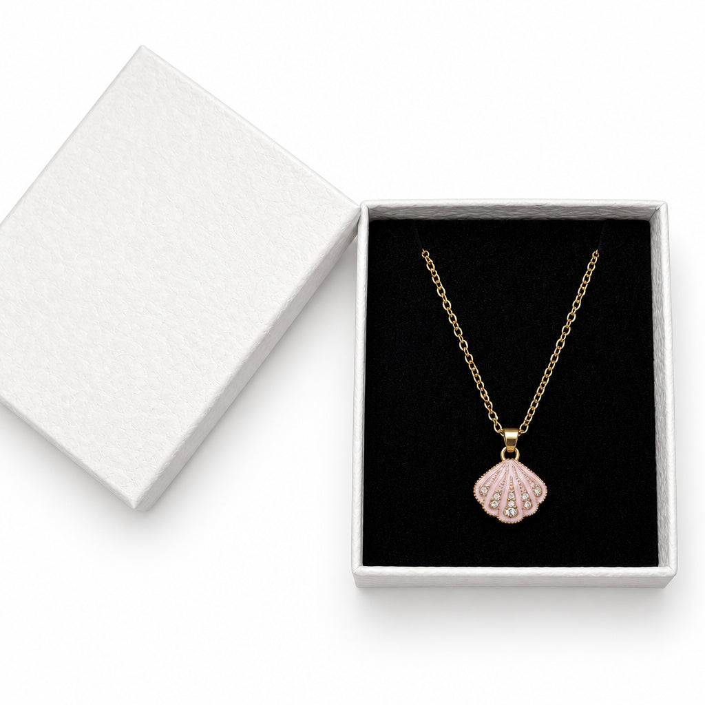 Necklace - Gold-tone chain - a Delicate Seashell  - Pendant - & Rhinestone Accents