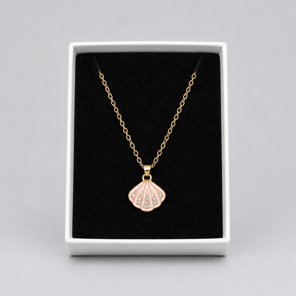 Necklace - Gold-tone chain - a Delicate Seashell  - Pendant - & Rhinestone Accents