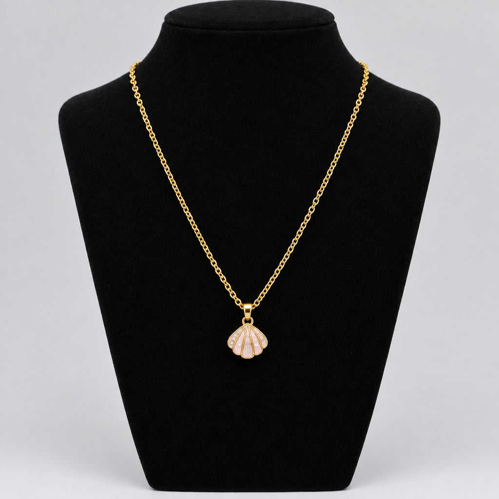 Necklace - Gold-tone chain - a Delicate Seashell  - Pendant - & Rhinestone Accents