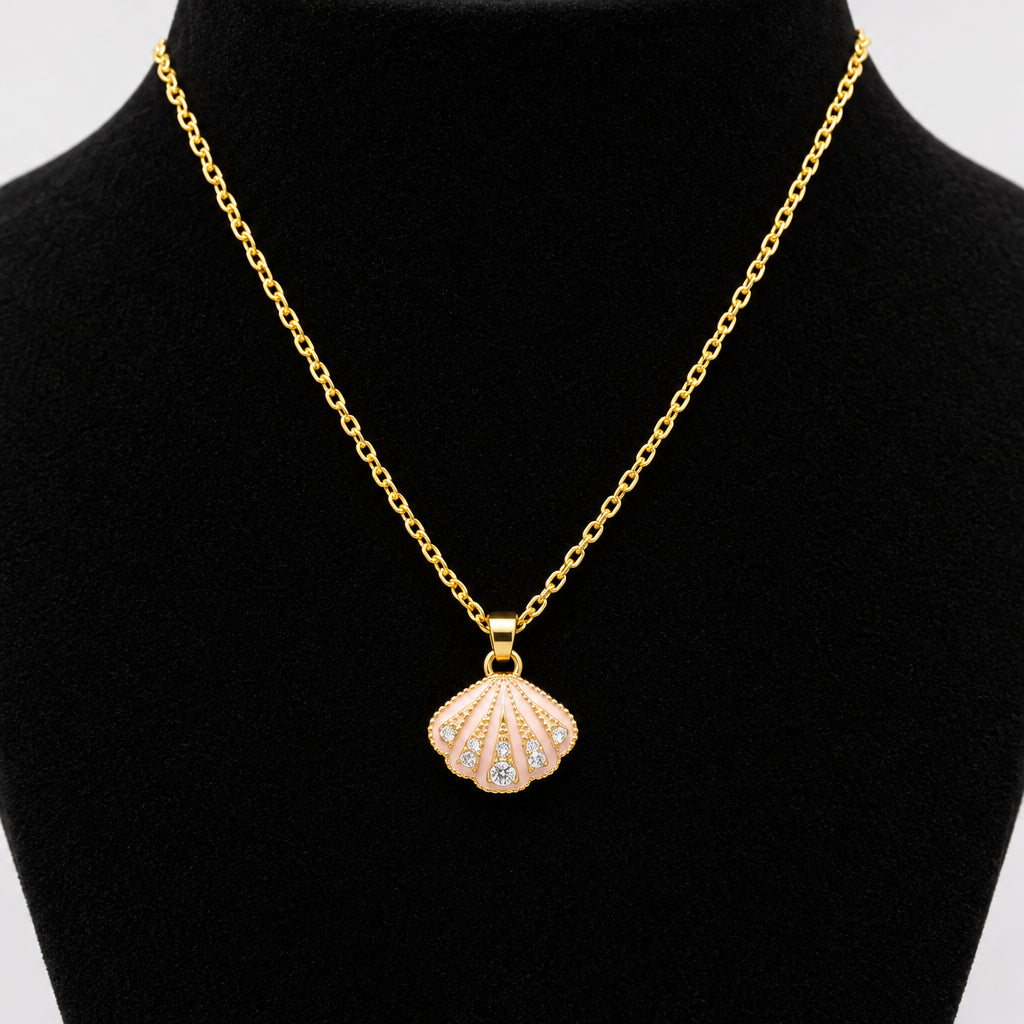 Necklace - Gold-tone chain - a Delicate Seashell  - Pendant - & Rhinestone Accents