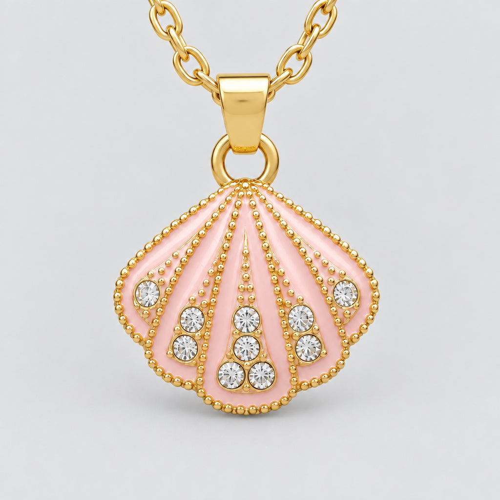 Necklace - Gold-tone chain - a Delicate Seashell  - Pendant - & Rhinestone Accents