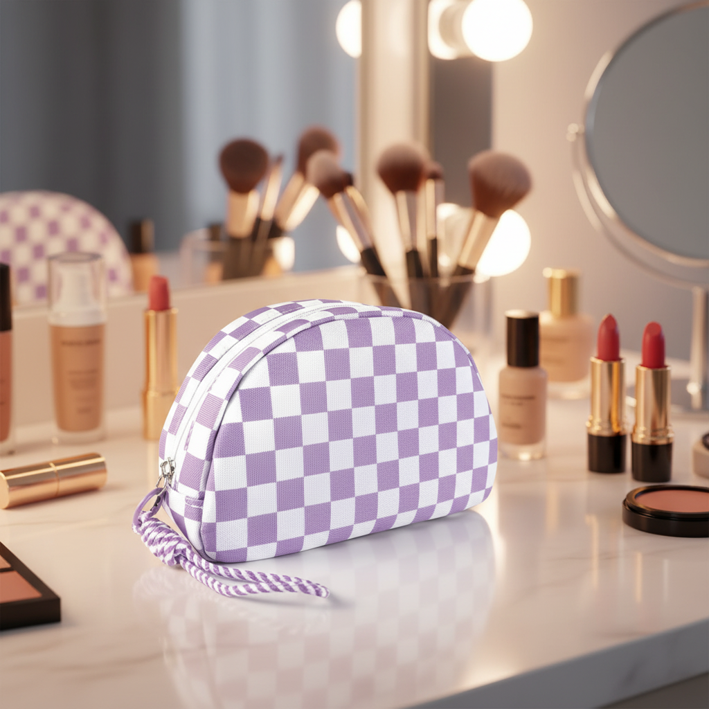Cosmetic Bag - Purple and White Checkered