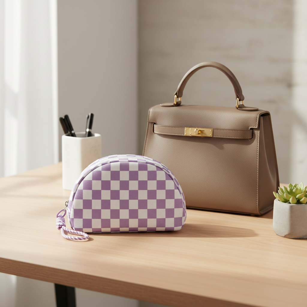 Cosmetic Bag - Purple and White Checkered