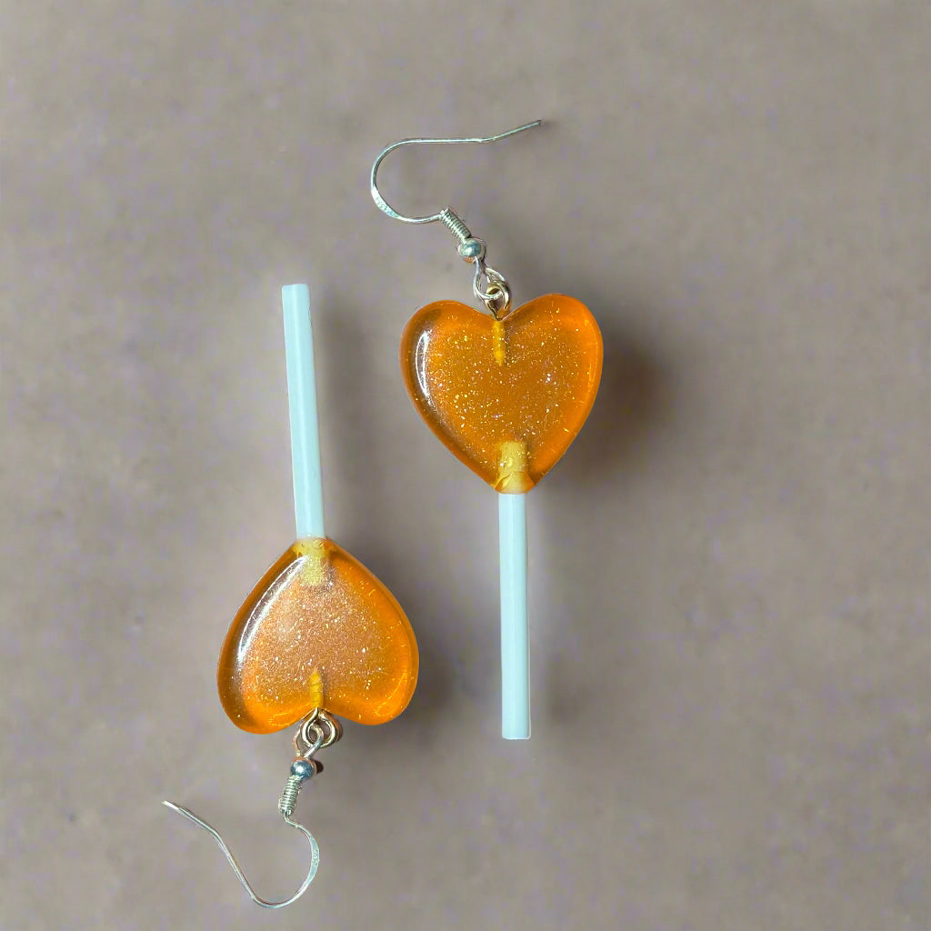 Earrings - Orange Heart Shaped Lollipops
