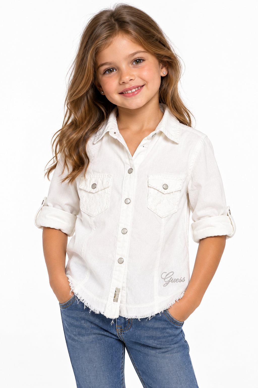 Girl's Shirt - Front Snap - White - by GUESS - Size 4-6X