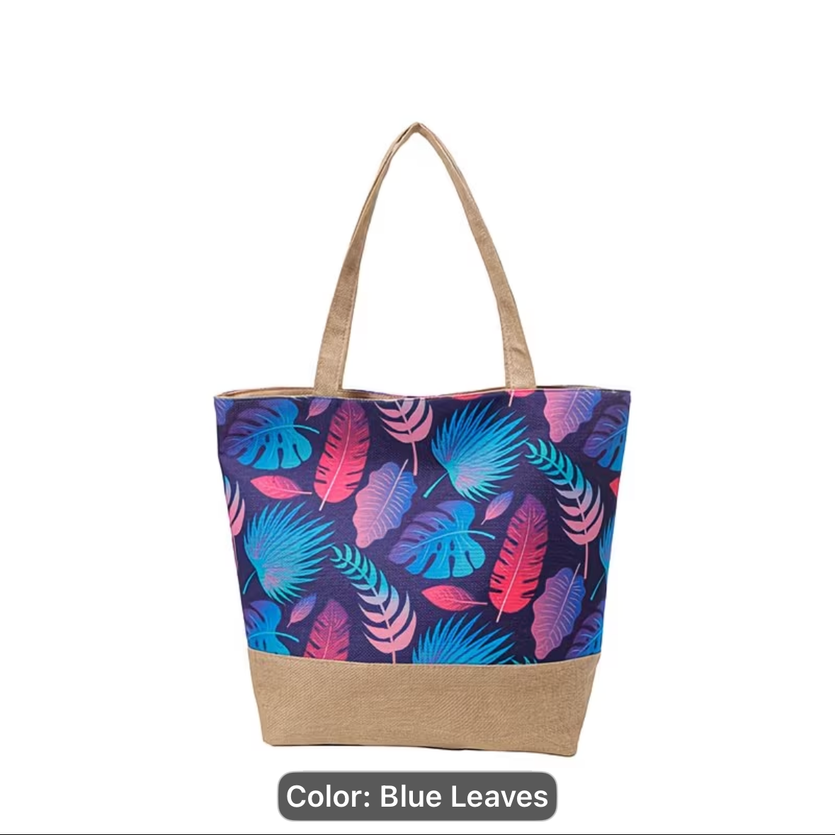 Tote Bag - Blue Leaves - Tropical Print - Beach - Shopping - Zippered Closure