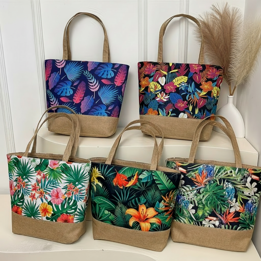 Tote Bag - Blue Leaves - Tropical Print - Beach - Shopping - Zippered Closure