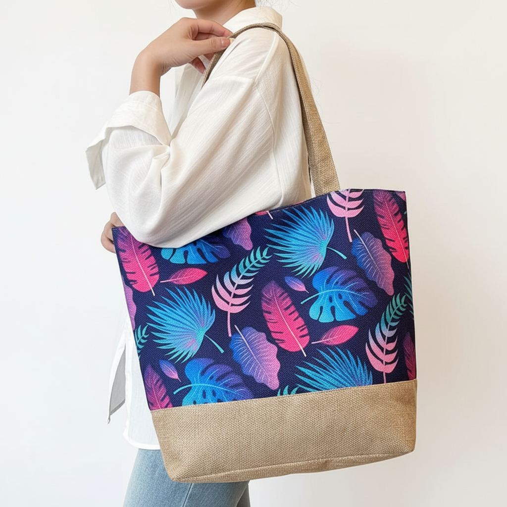 Tote Bag - Blue Leaves - Tropical Print - Beach - Shopping - Zippered Closure