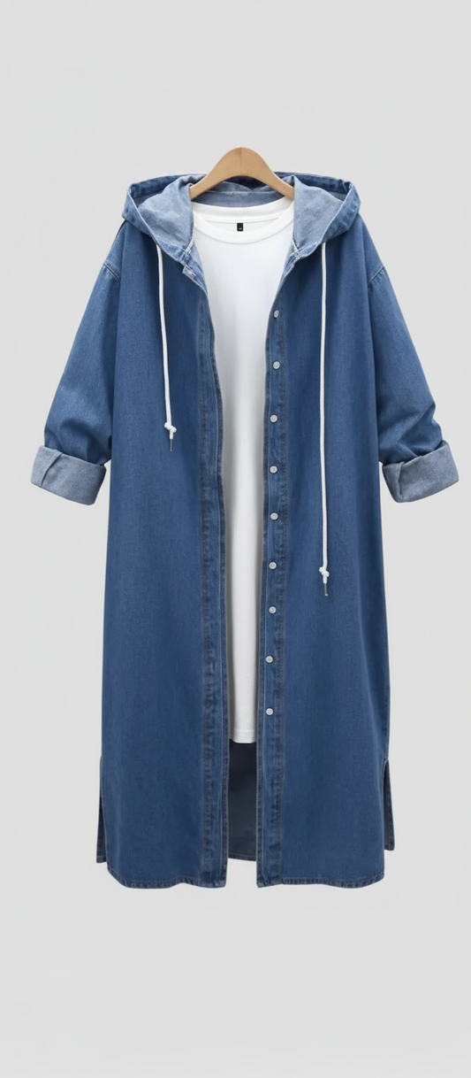 Long Hooded Denim Jacket - US-XL