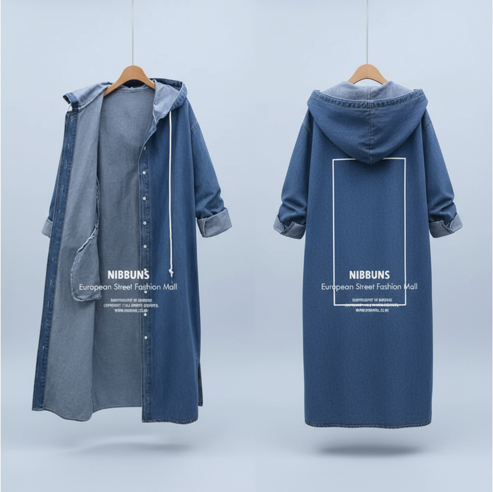 Long Hooded Denim Jacket - US-XL