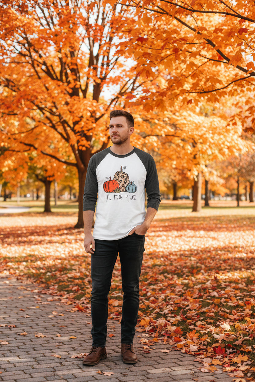 Raglan Baseball Style 3/4 Sleeve Shirt with "It's Fall Y'all" - XL