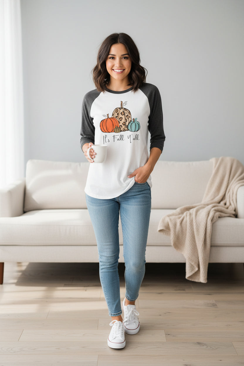 Raglan Baseball Style 3/4 Sleeve Shirt with "It's Fall Y'all" - XL