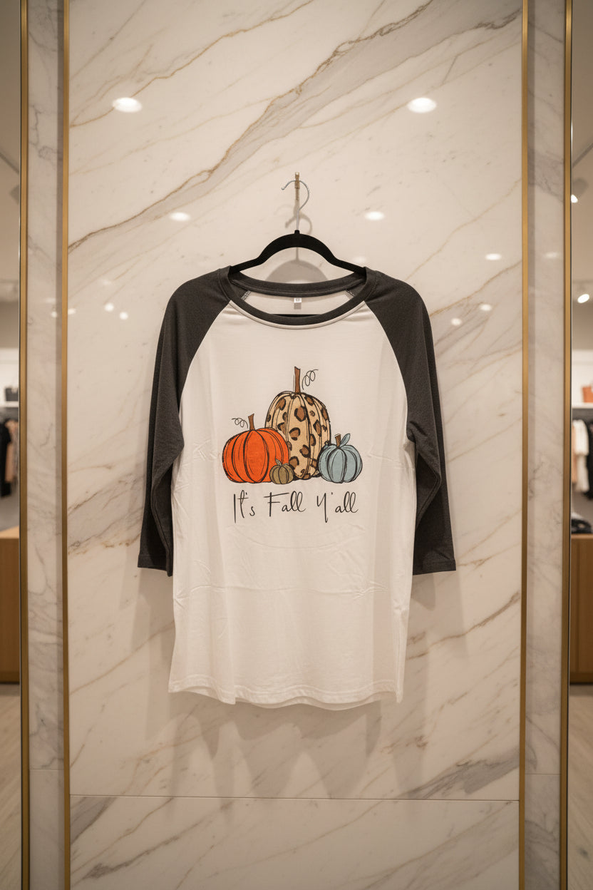 Raglan Baseball Style 3/4 Sleeve Shirt with "It's Fall Y'all" - XL