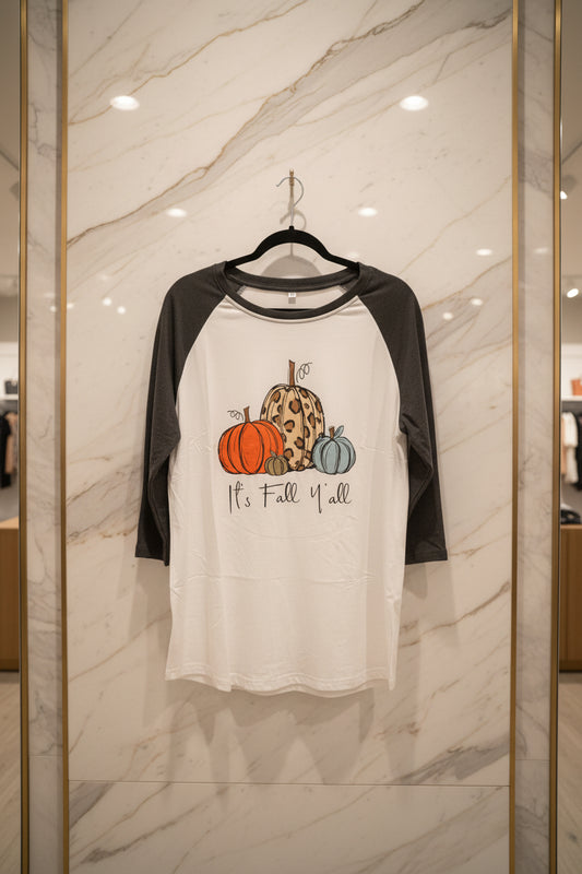 Raglan Baseball Style 3/4 Sleeve Shirt with "It's Fall Y'all" - XL