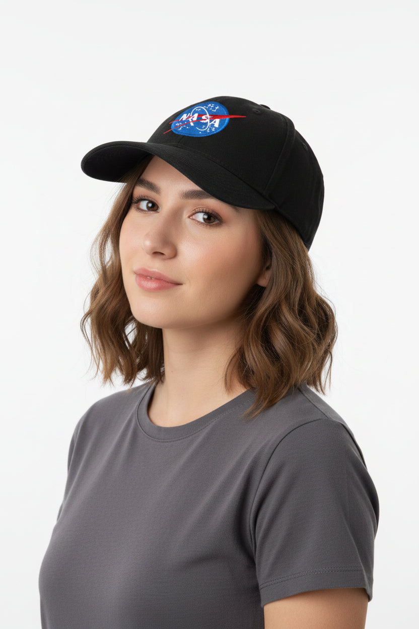 NASA Blue and White Insignia on a Black Baseball Cap