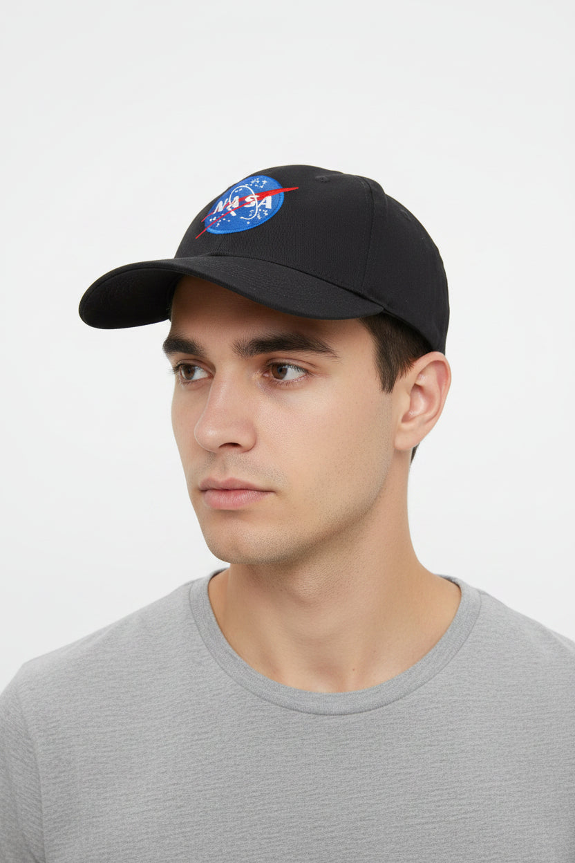 NASA Blue and White Insignia on a Black Baseball Cap