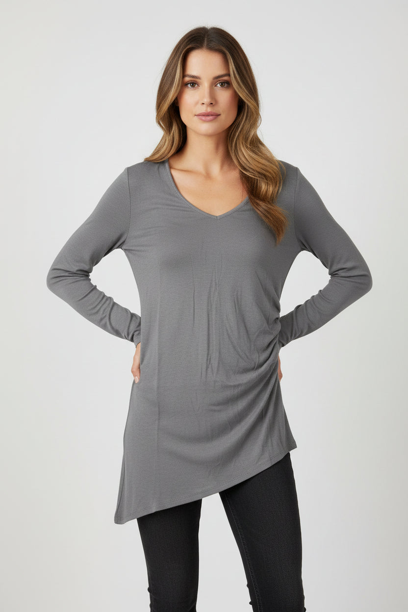 Blouse - Ladies - Methe & Ciel - Asymmetric Side Ruching Long Sleeve - Size Medium