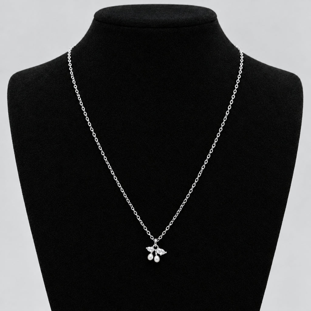 Necklace - Silver Tone - Adorned with - Two Faux Pearl Cherries - and Crystal Marquise - Leaves