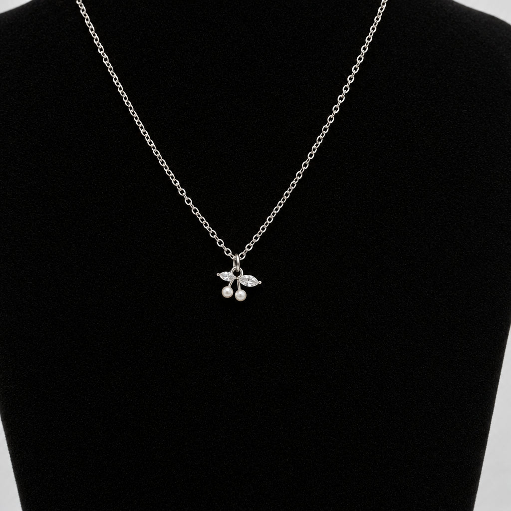 Necklace - Silver Tone - Adorned with - Two Faux Pearl Cherries - and Crystal Marquise - Leaves