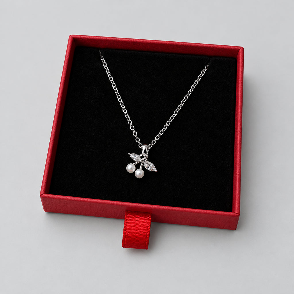 Necklace - Silver Tone - Adorned with - Two Faux Pearl Cherries - and Crystal Marquise - Leaves