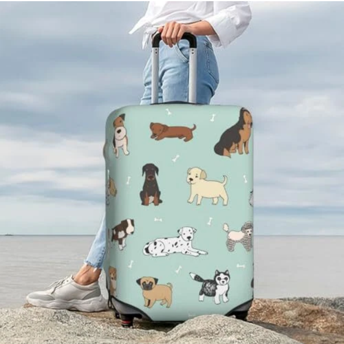 Luggage Cover in Puppy Print Mint Green - XL