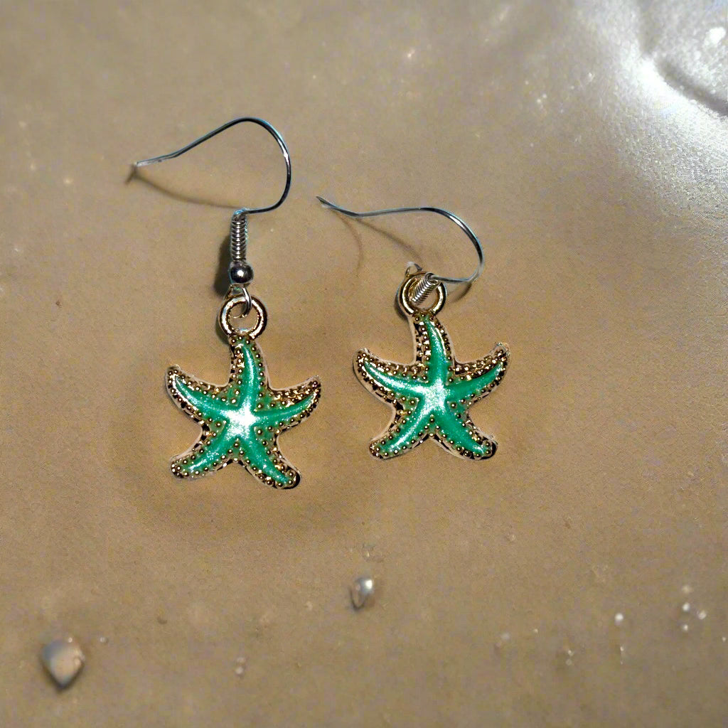 Earrings - Starfish - Light Green and Gold Tone