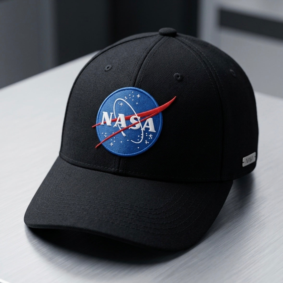 NASA Blue and White Insignia on a Black Baseball Cap