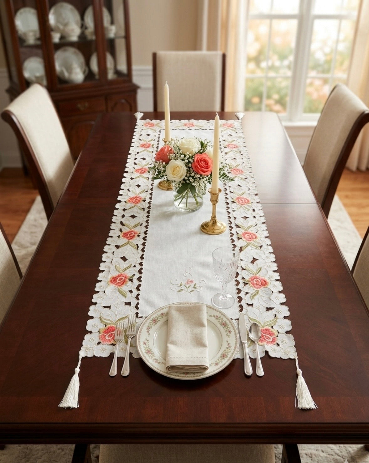 Floral Embroidered Cutwork Table Runner with Tassels