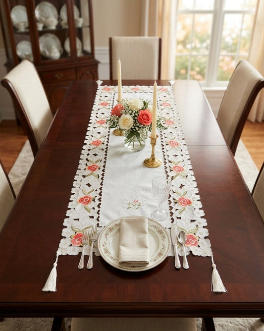 Floral Embroidered Cutwork Table Runner with Tassels