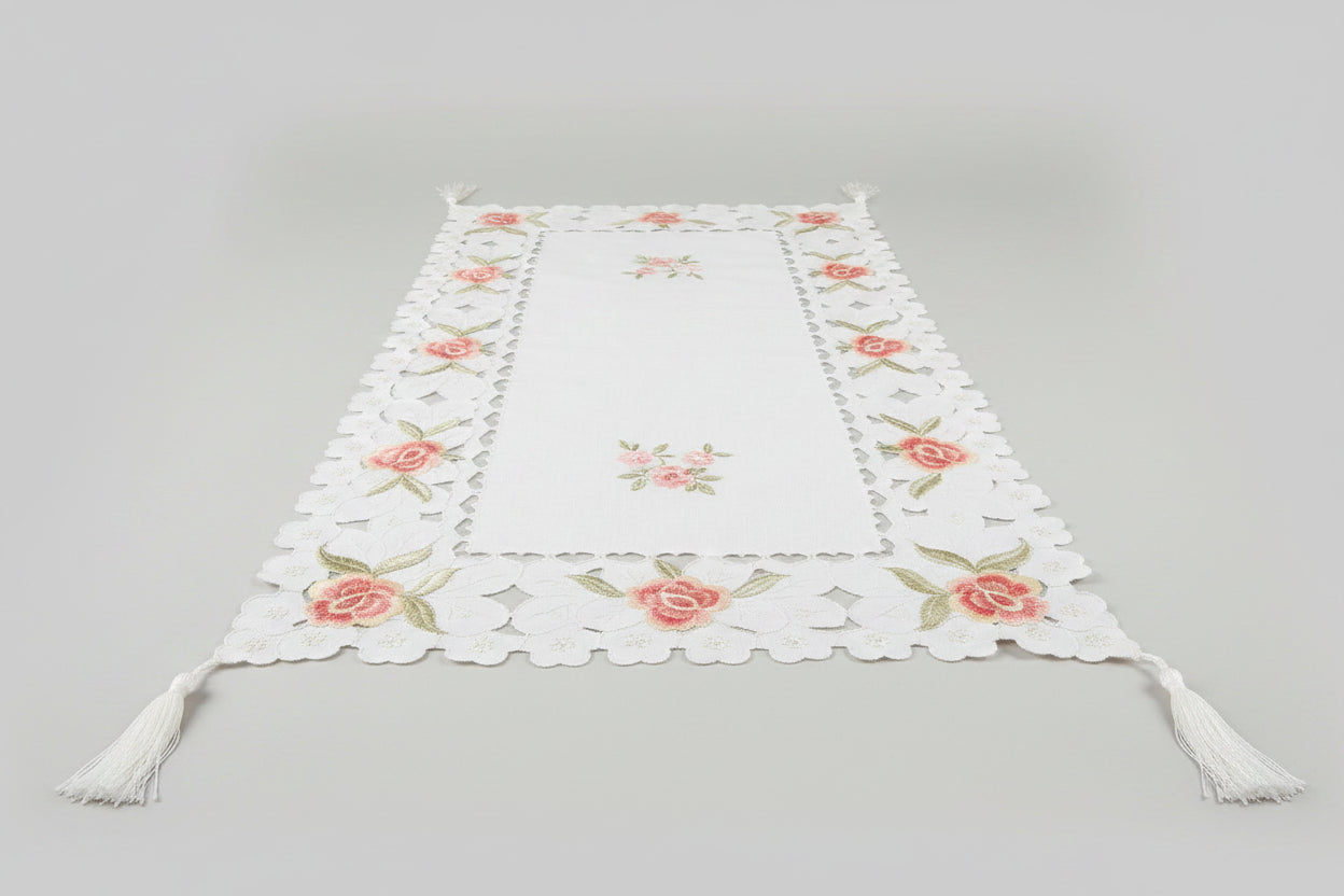 Floral Embroidered Cutwork Table Runner with Tassels