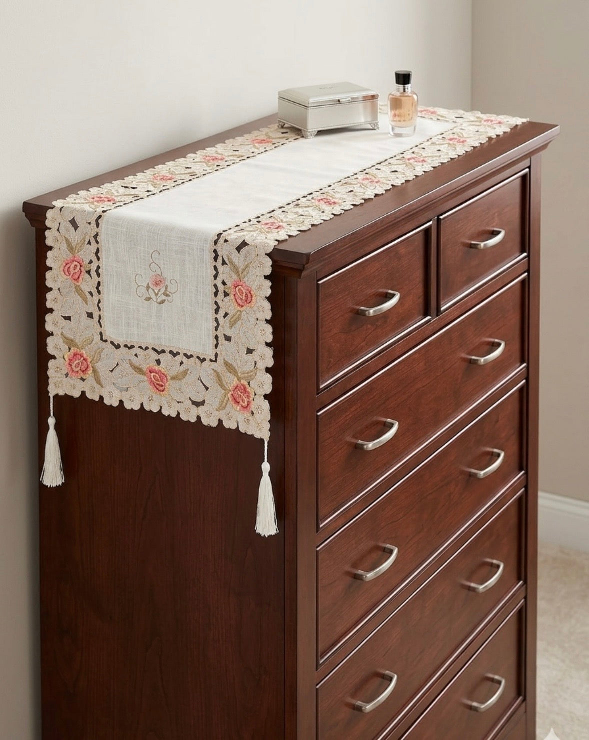 Floral Embroidered Cutwork Table Runner with Tassels