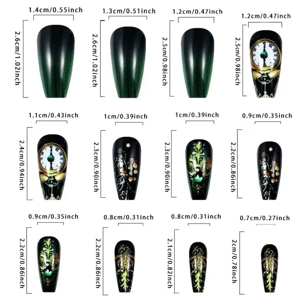 Press on Nails - Emerald Green Clock Face