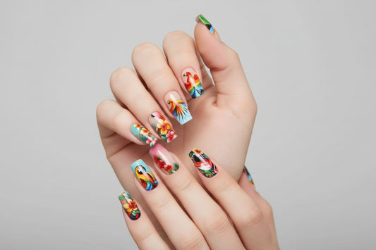 Press on Nails - Tropical Birds - FREE Mystery Hair Scrunchie included