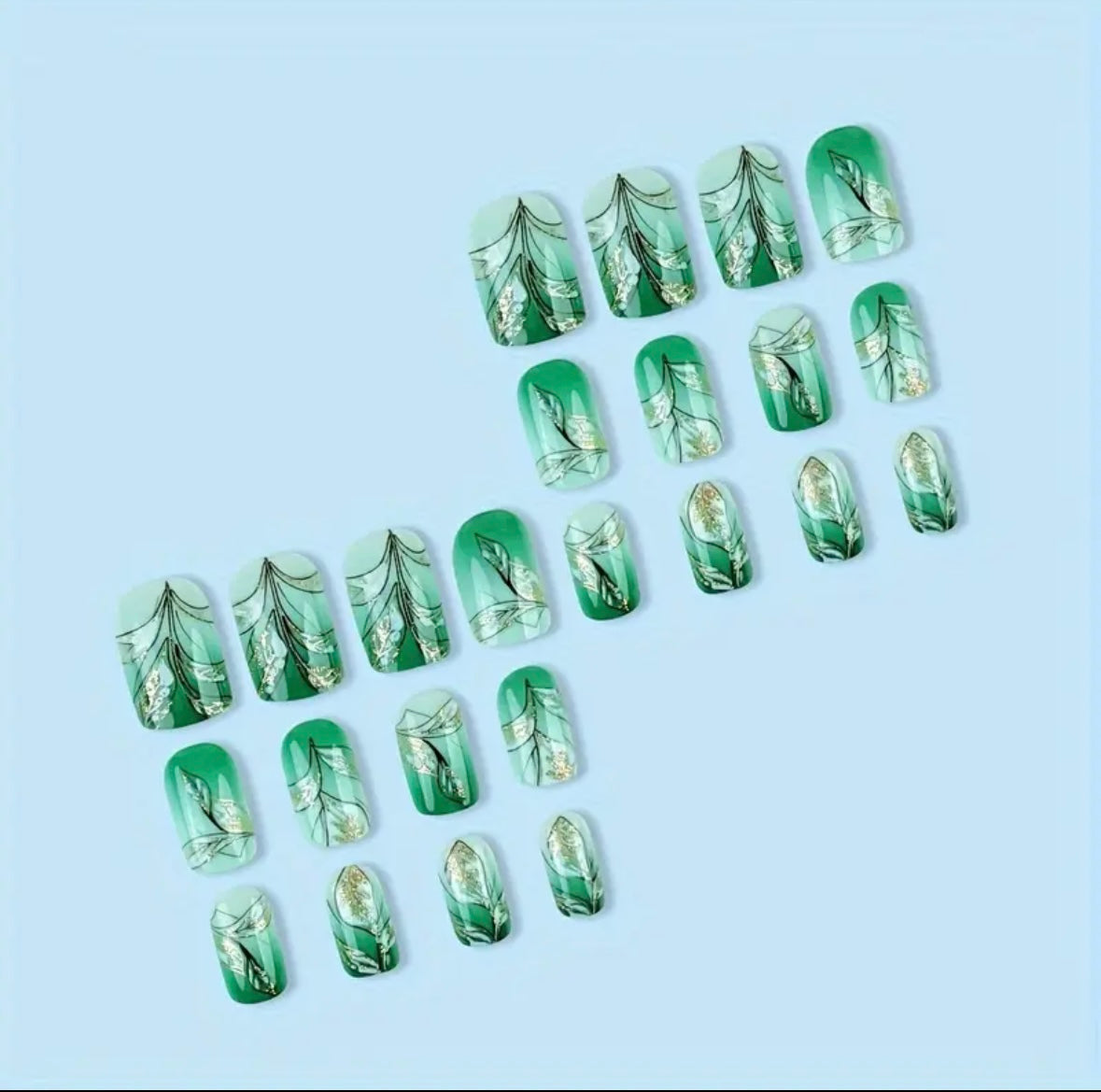 Press on Nails - Green and Gold Leaf Design