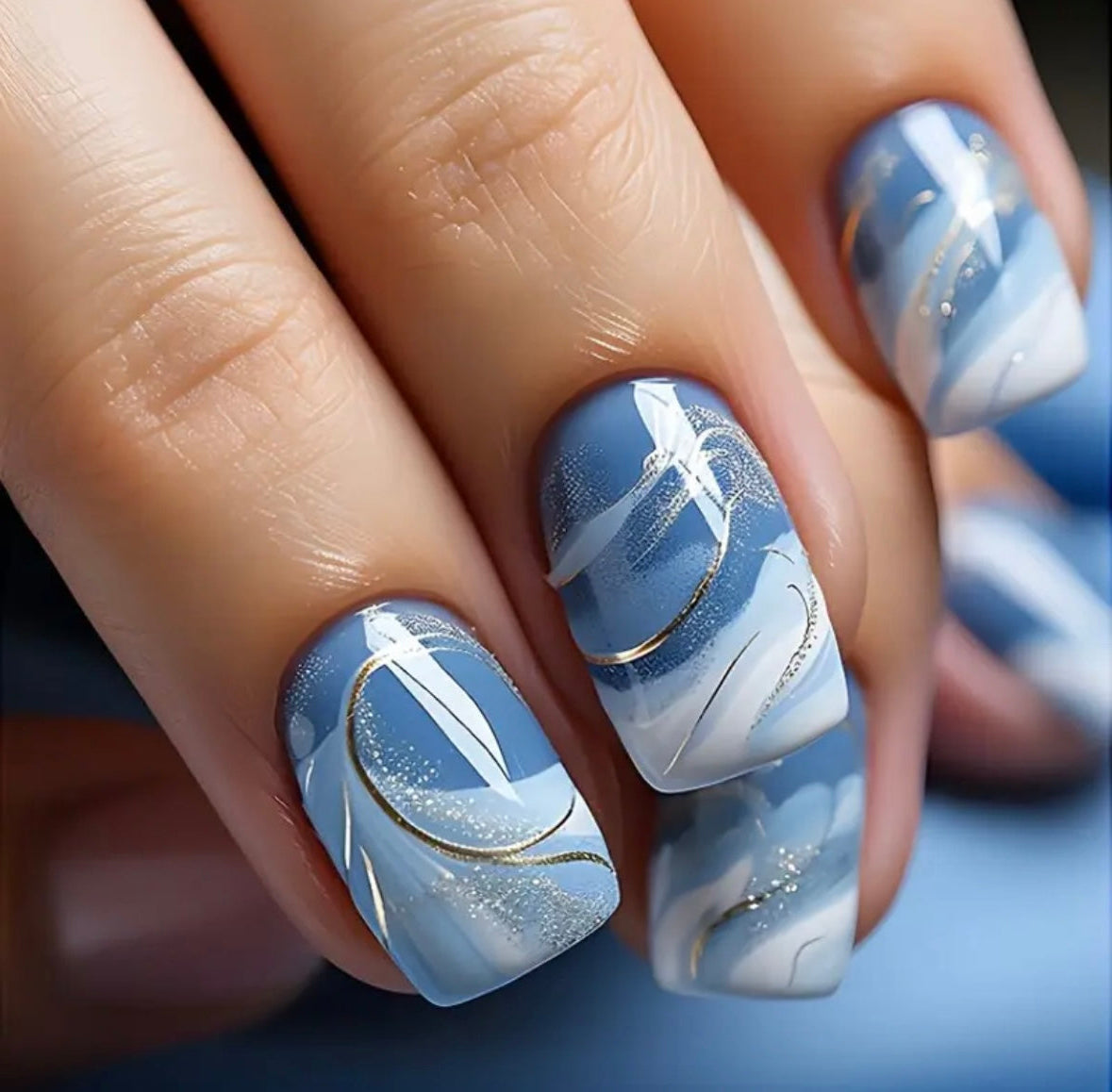 Press on Nails - Blue Gradient Design with Gold Accents